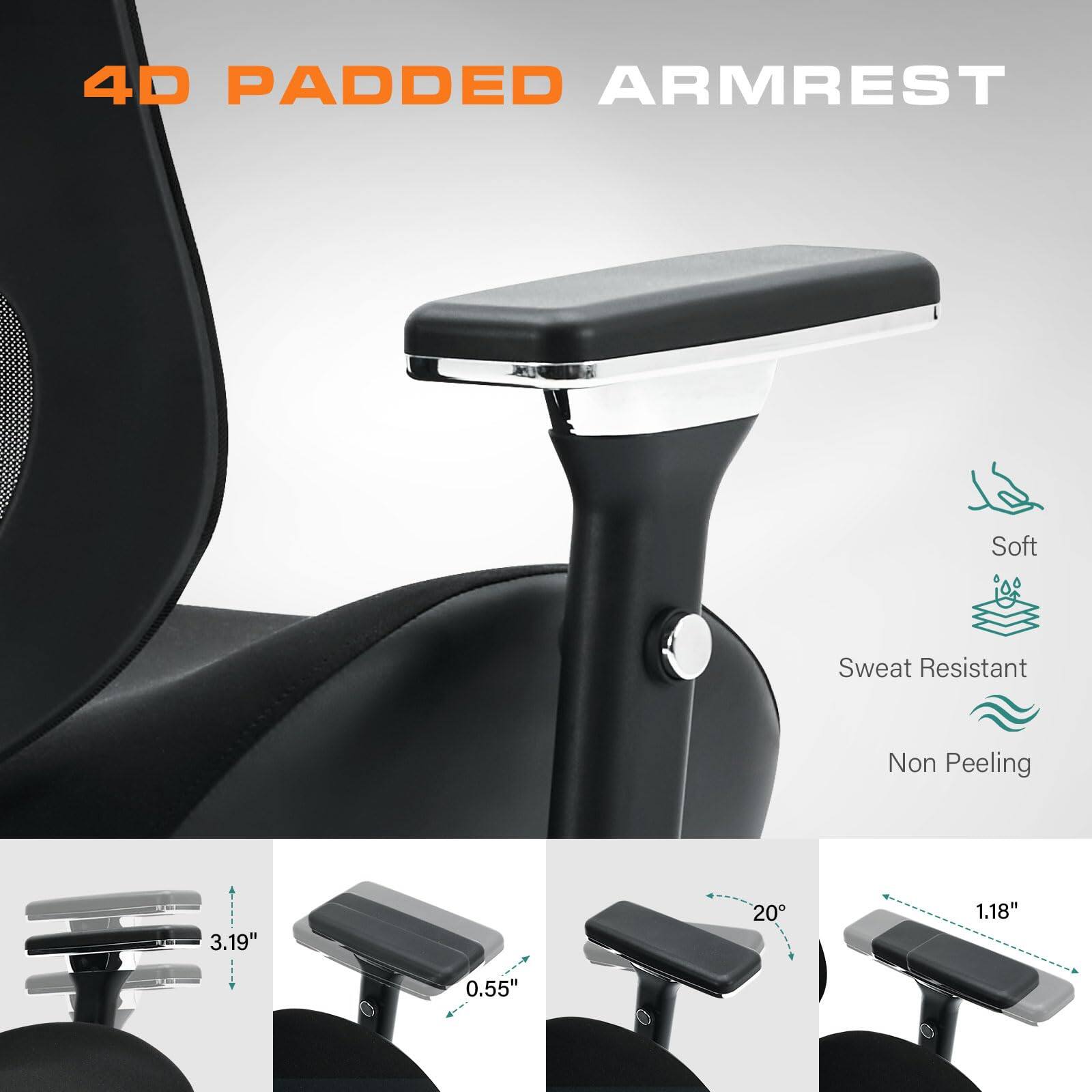 4D Padded Armrest  
Soft, Sweat Resistant, Non Peeling  
3.19" x 20° x 1.18" x 0.55"