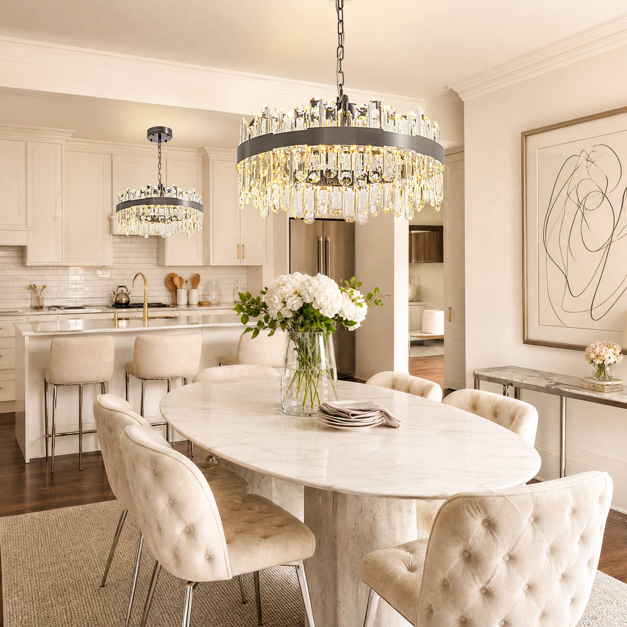 Left. Siljoy - 24-inch  Modern Round Clear Crystal Chandelier Dimmable Color Changing Pendant for Kitchen Island - Polished Nickel.
