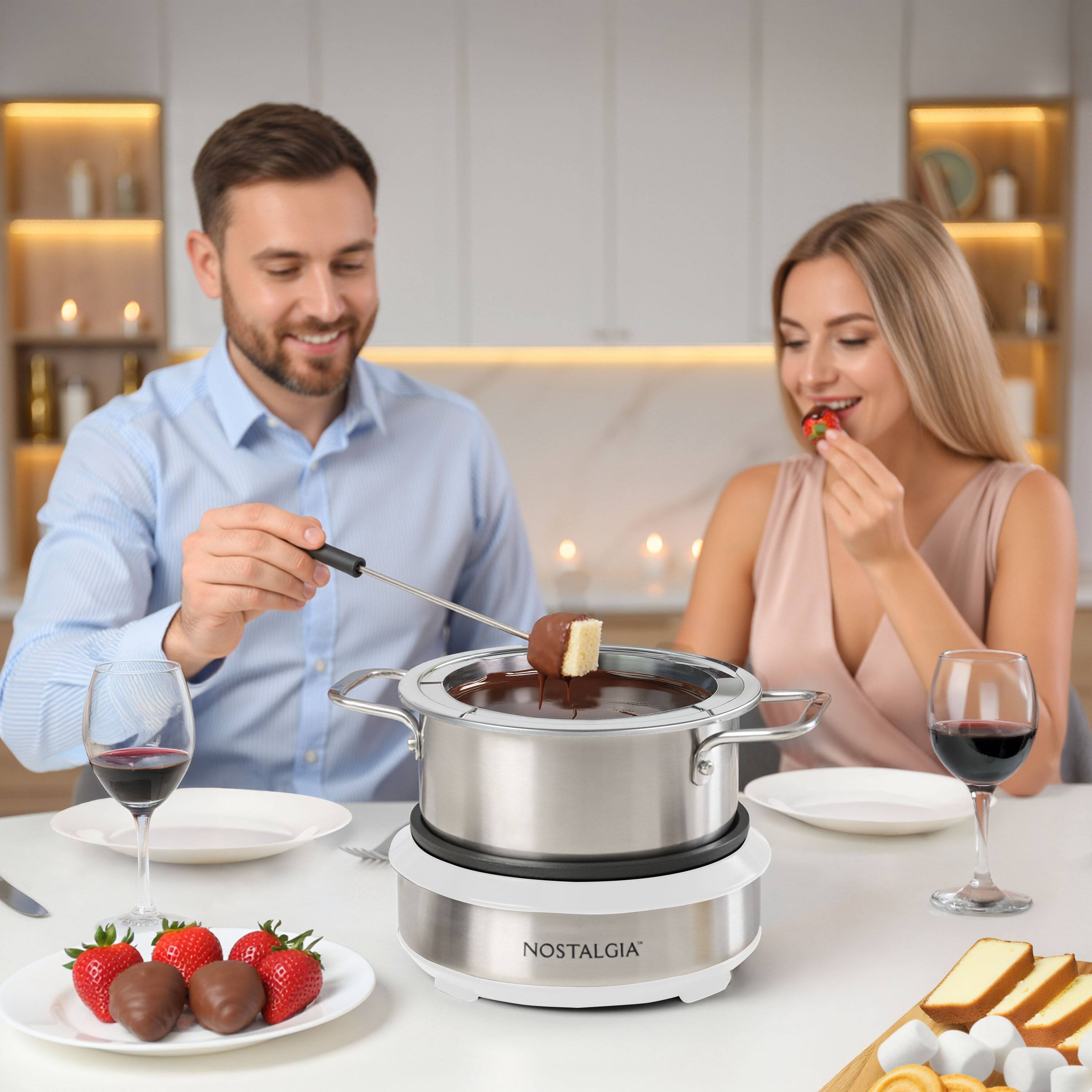 Left. Nostalgia - 8-Cup Fondue Dipping Pot with 6 Fondue Forks - White and Stainless Steel.