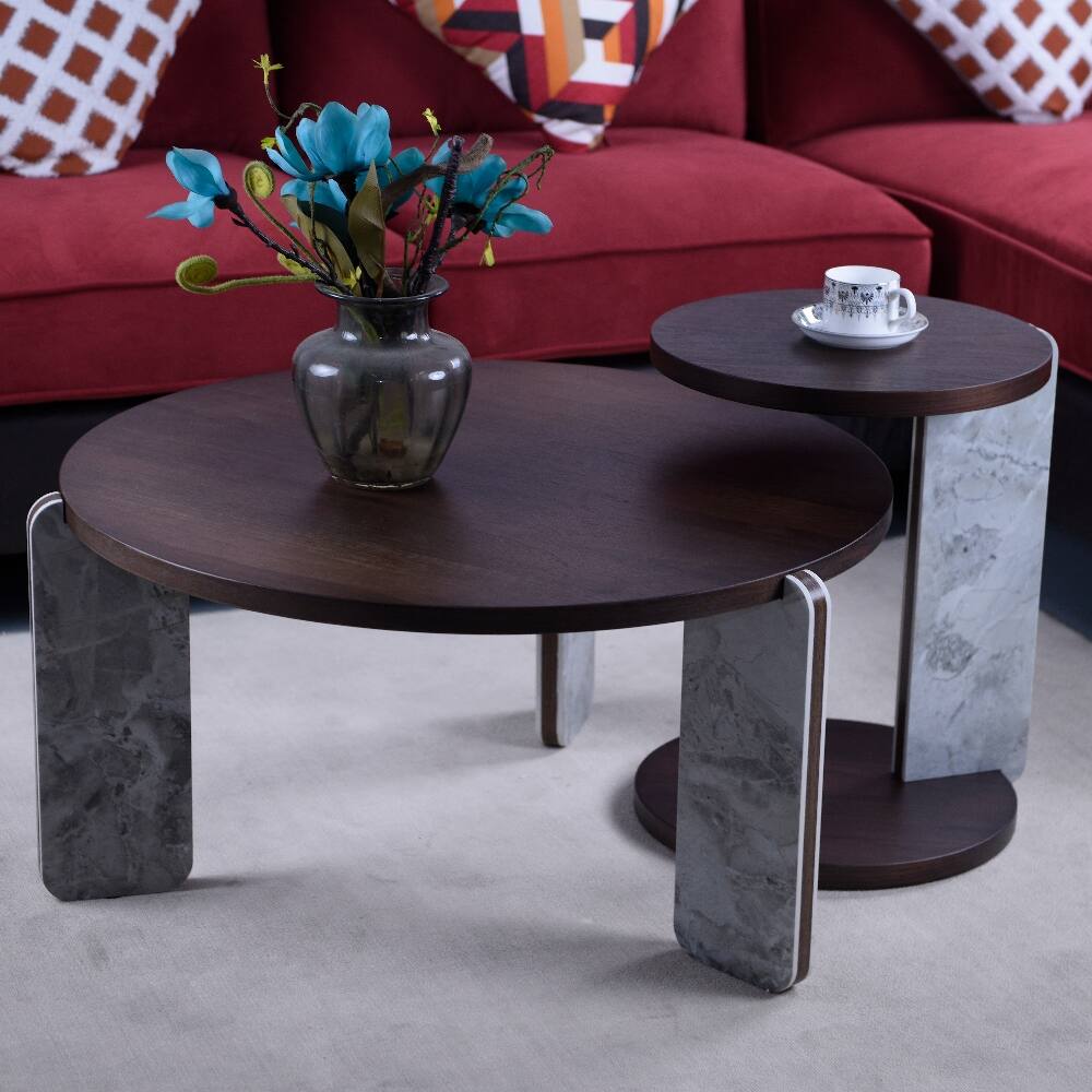 Alt View 1. Loheer - Loheer Modern Coffee Table Set Walnut Veneer Round Center Table with End Table Sintered Stone Legs Living Room - Walnut.