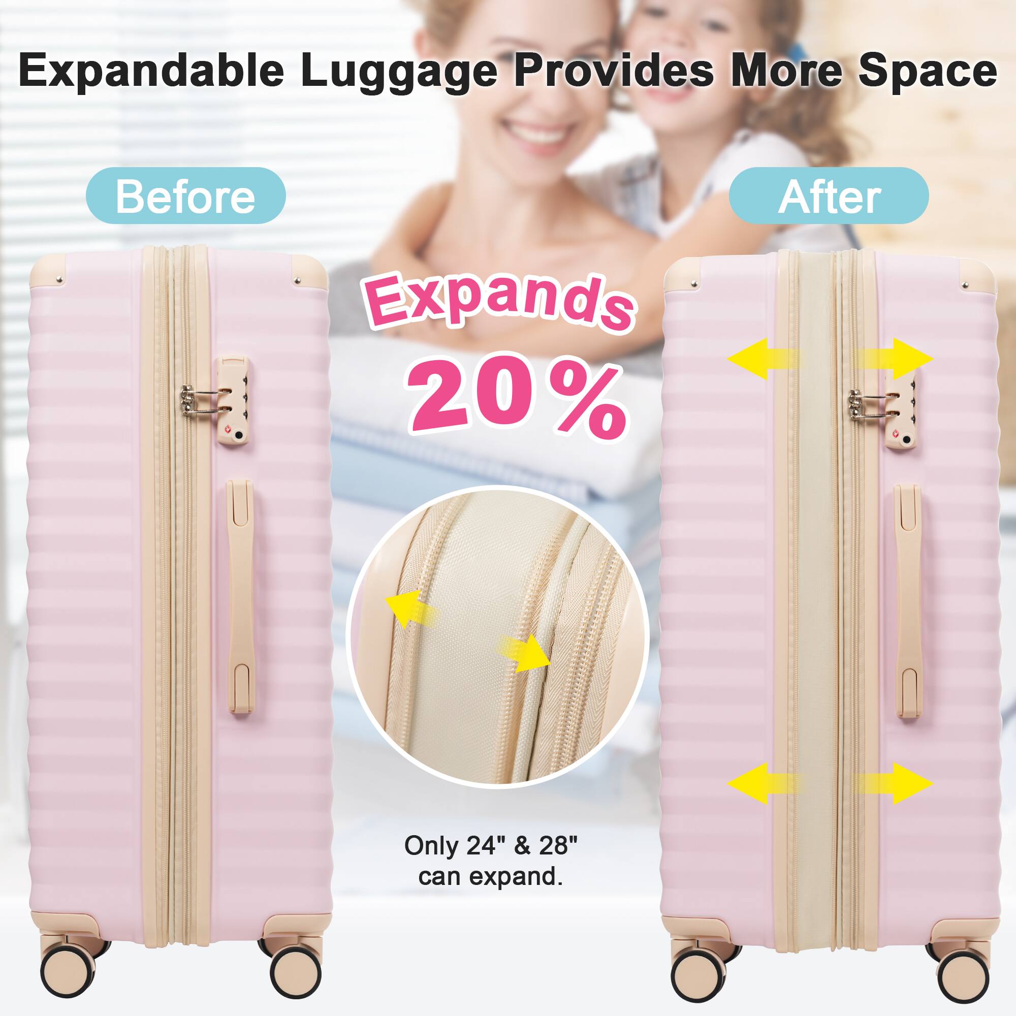 Expandable Luggage Provides More Space

Before

Expands 20%

After

Only 24" & 28" can expand.