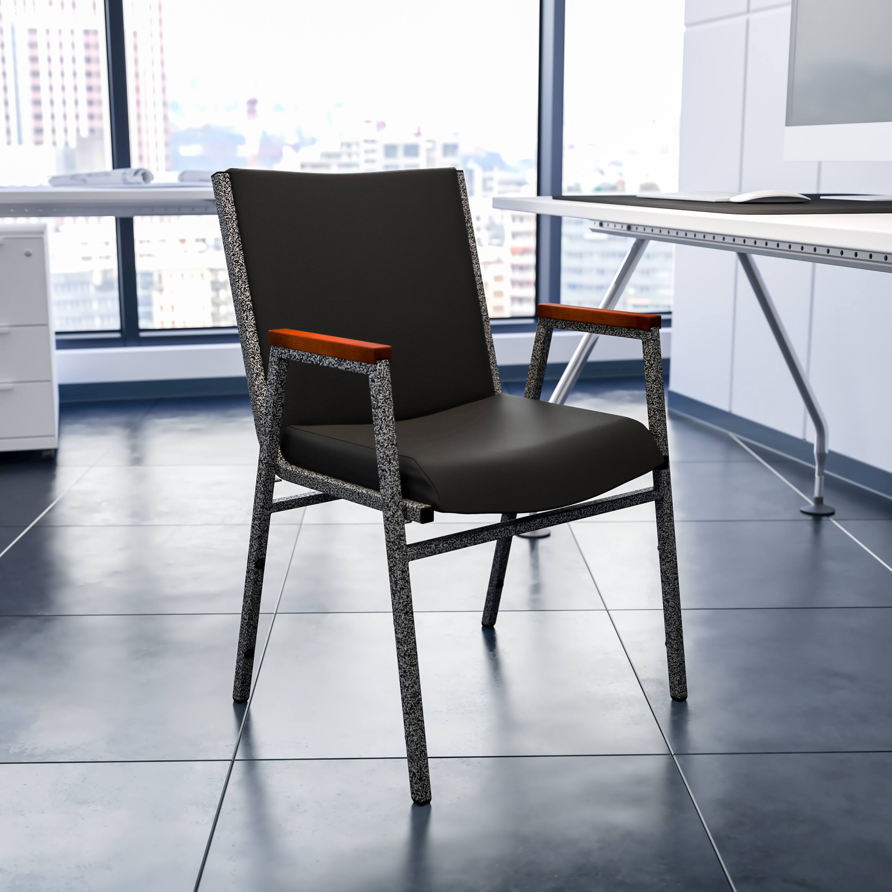 Alt View 1. Emma + Oliver - Heavy Duty Reception/Guest Stack Chair with Arms - Black Vinyl.