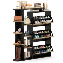Costway - Shoe Cabinet with Open Shelves, 3 Flip Drawers, 8-Tier Side Open Shelves for Foyer - Black,Natural