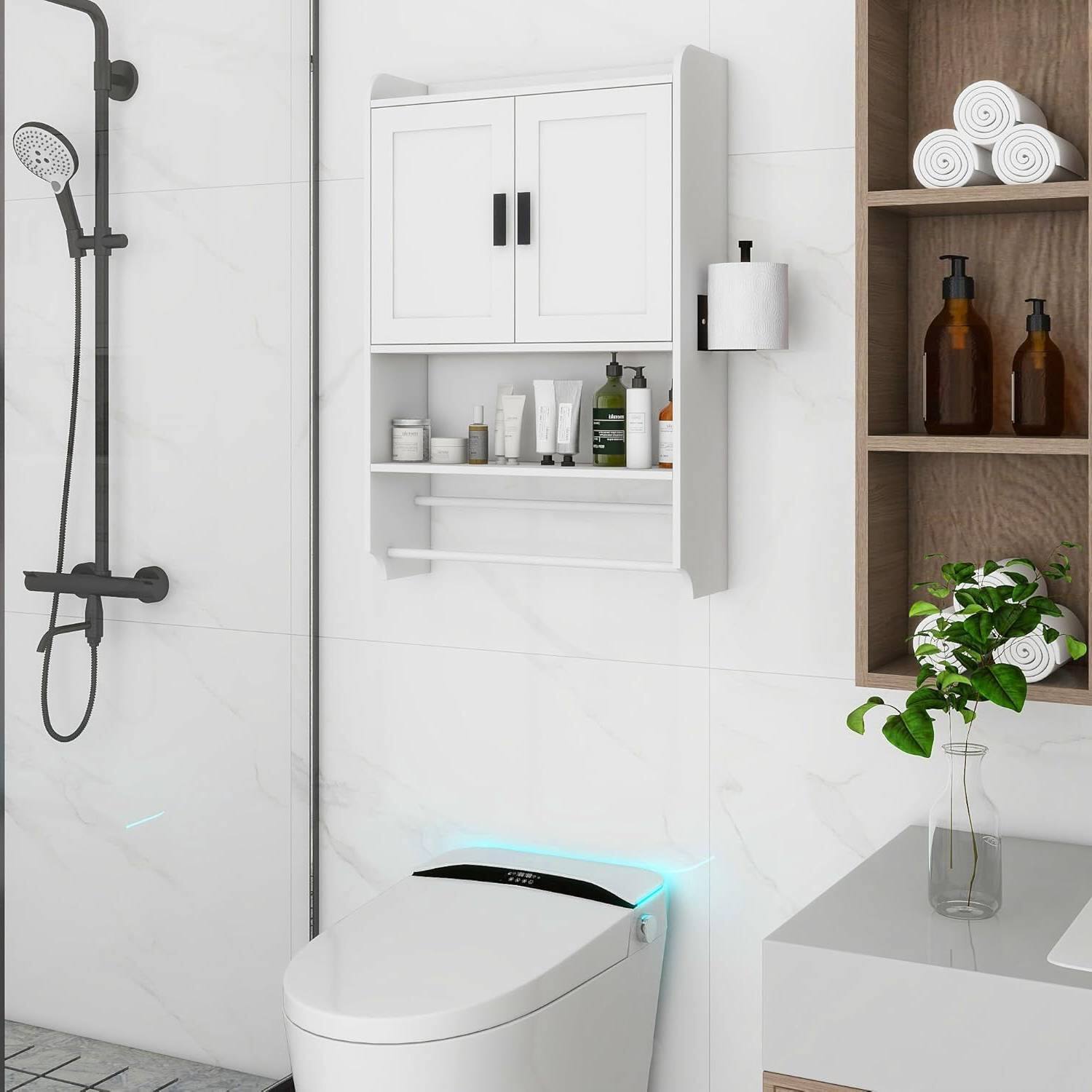 Angle. Hivvago - White Bathroom Wall Cabinet with Towel Bar and Storage Shelf - White.