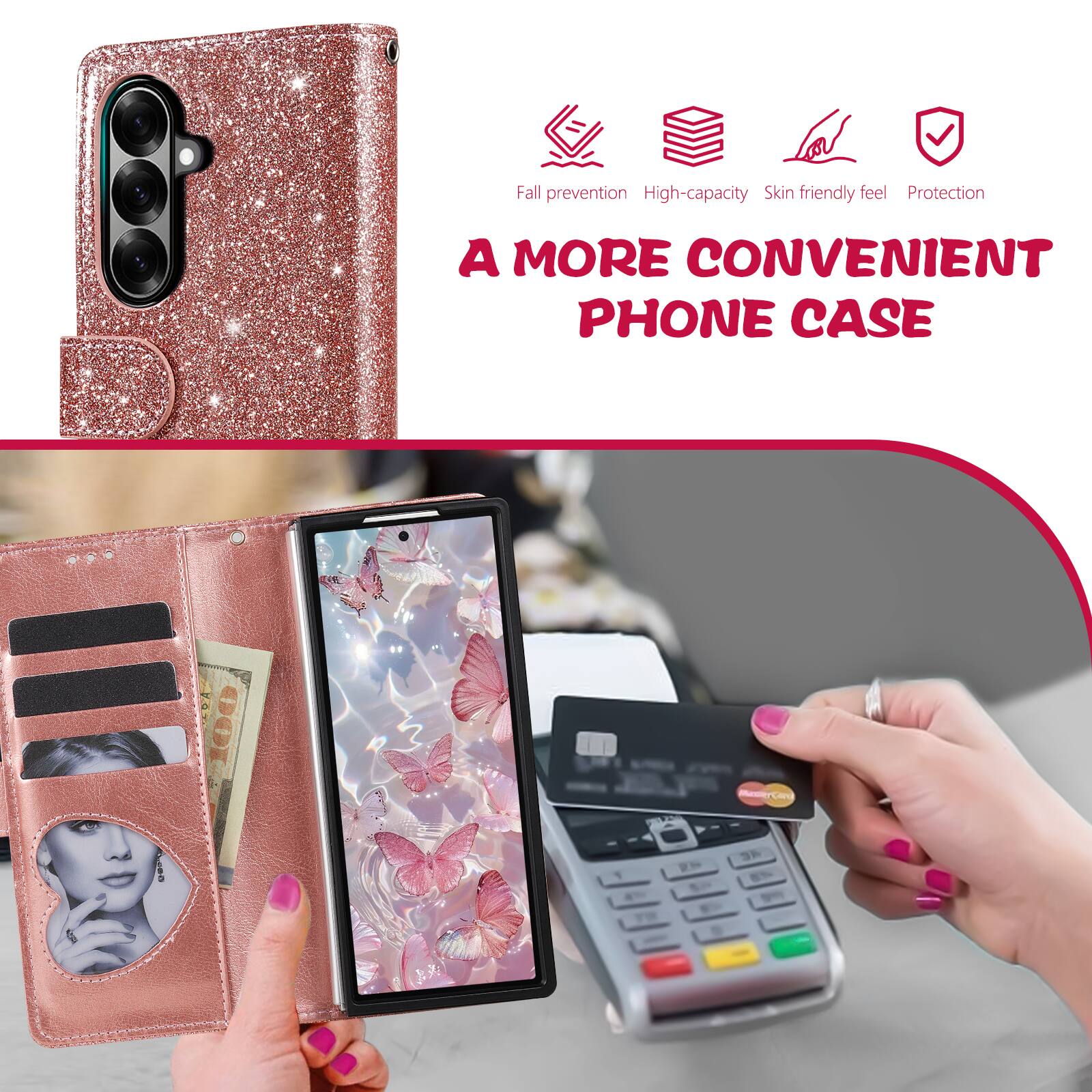Fall prevention  
High-capacity  
Skin friendly feel  
Protection  

A MORE CONVENIENT PHONE CASE
