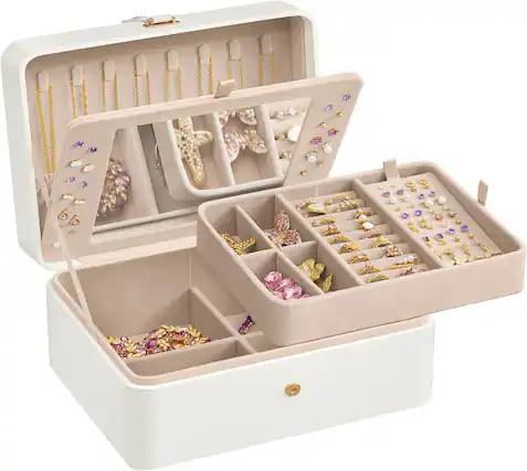 Front. Songmics Home - Jewelry Box with Mirror – 2-Layer Travel Jewelry Organizer with Removable Tray Cloud White - White.