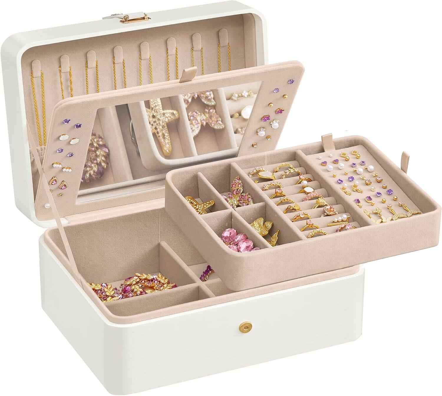 Front. Songmics Home - Jewelry Box with Mirror – 2-Layer Travel Jewelry Organizer with Removable Tray Cloud White - White.