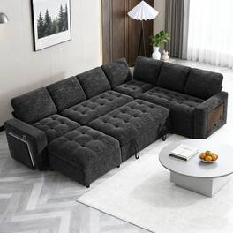 Dyonery - 102" 5 Seats Sectional Sleeper Sofa Bed with 2 in 1 Pull Out Bed, L Shape Convertible Couch with Storage Chaise - Black