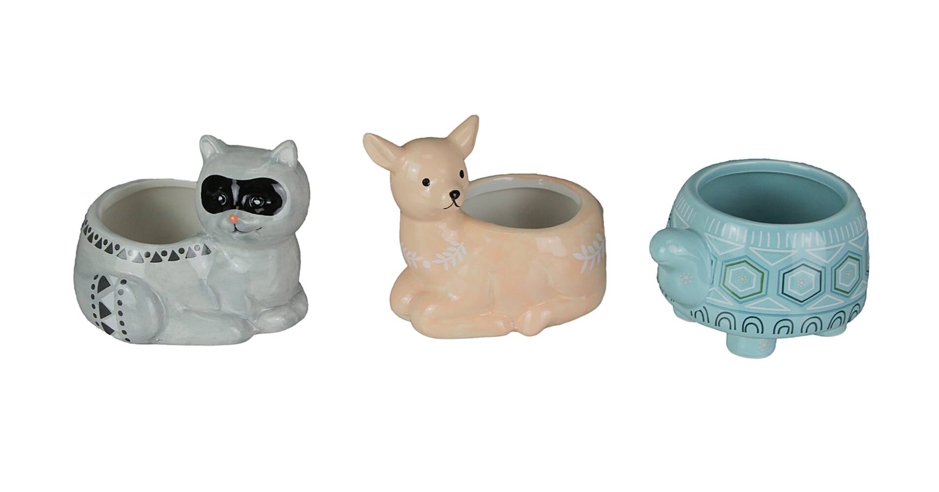 Zeckos - Set of 3 Forest Critters Raccoon Deer and Tortoise Dolomite Ceramic Mini Planters - Multicolored