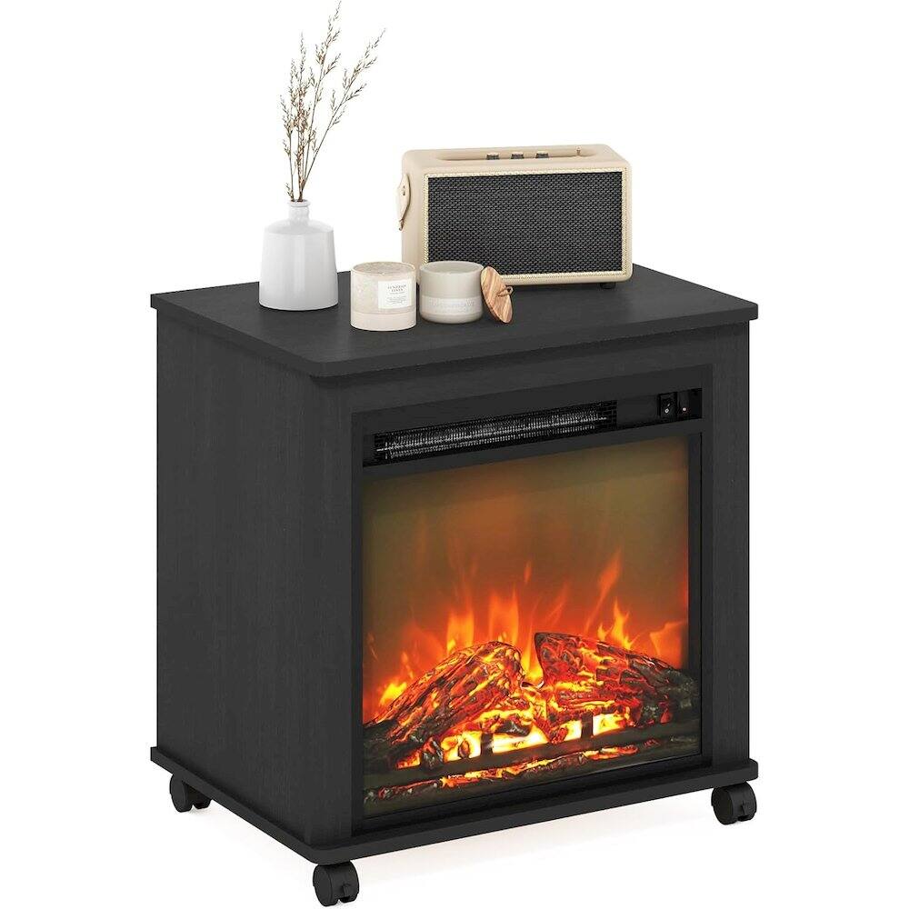 Alt View 3. FurniFact - Black Electric Fireplace End Table with Heater for Indoor Use on Wheels - Americano.