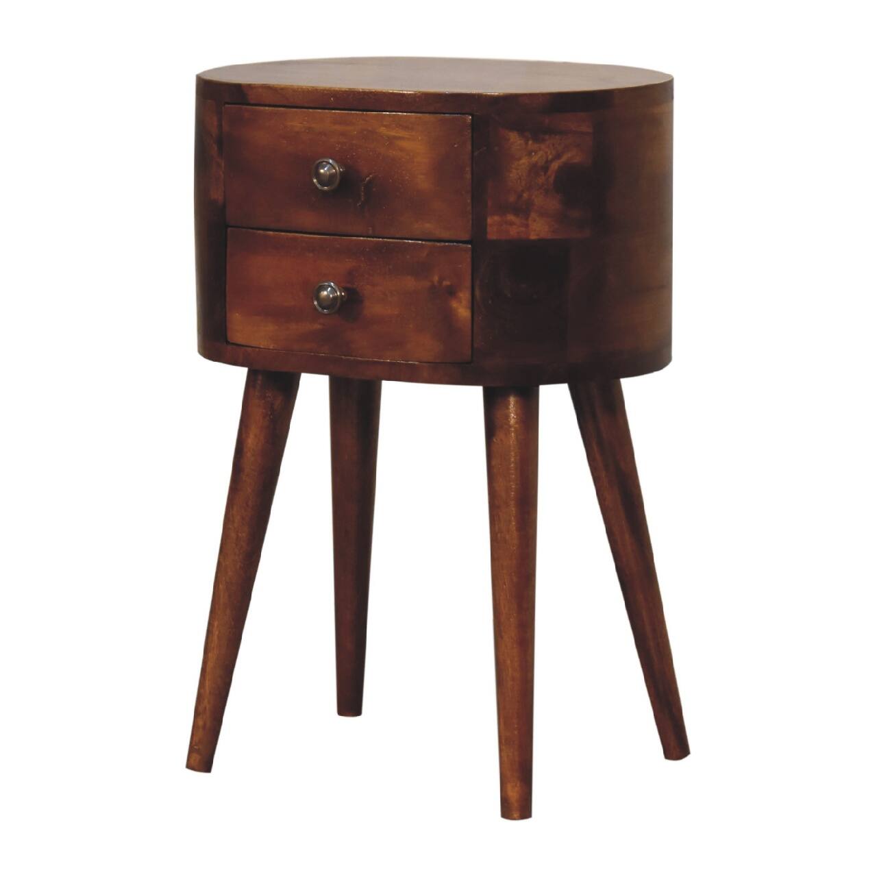 Left. Artisan Furniture - Artisan Furniture Solid Wood Mini Chestnut Rounded Nightstand Table, 2 Drawers, Nordic Legs, Dark Brown - Chestnut.