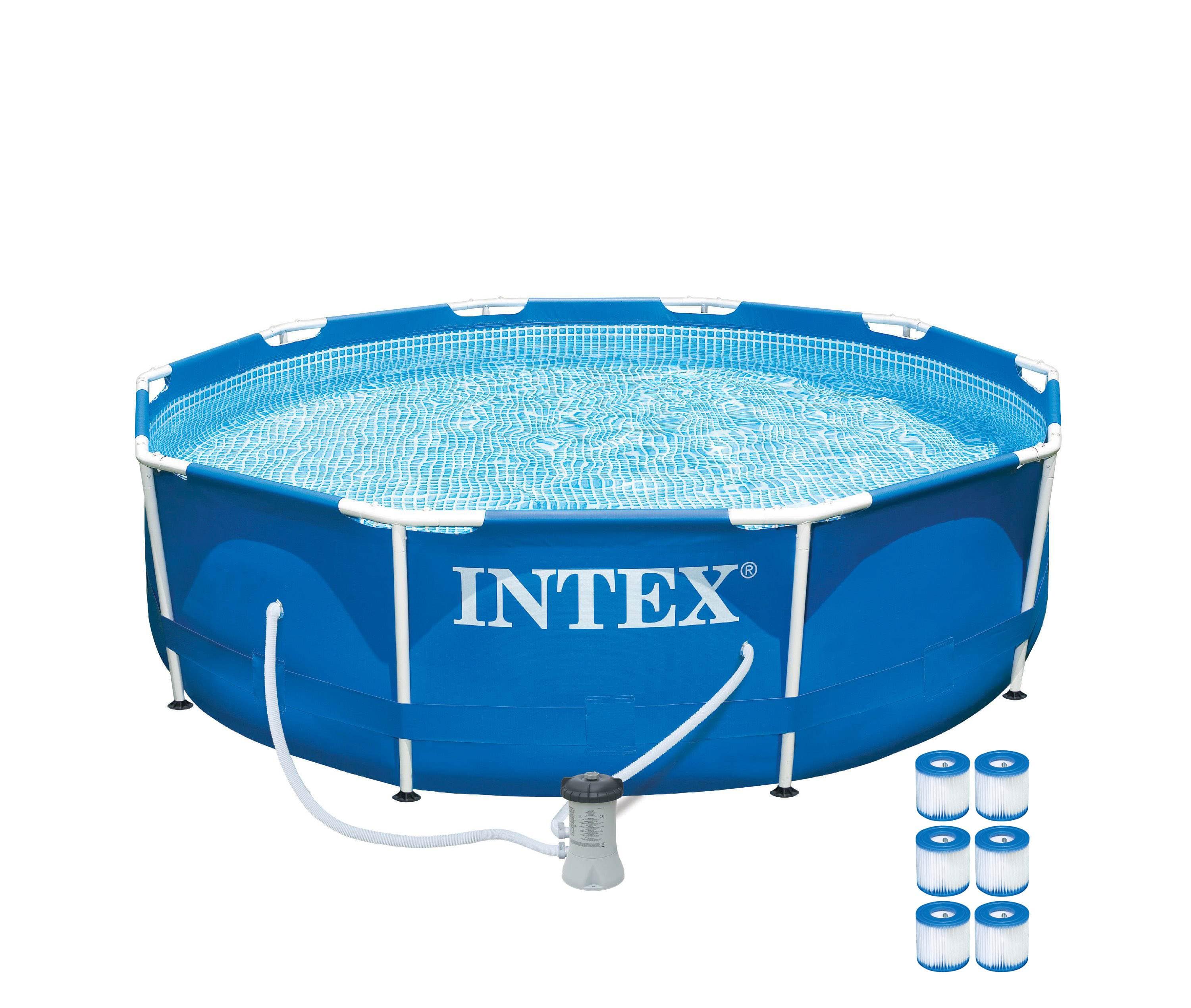 Intex - 10ft x 30in Metal Frame Above Ground Pool Set & 6 Type H Filter Cartridges - Blue