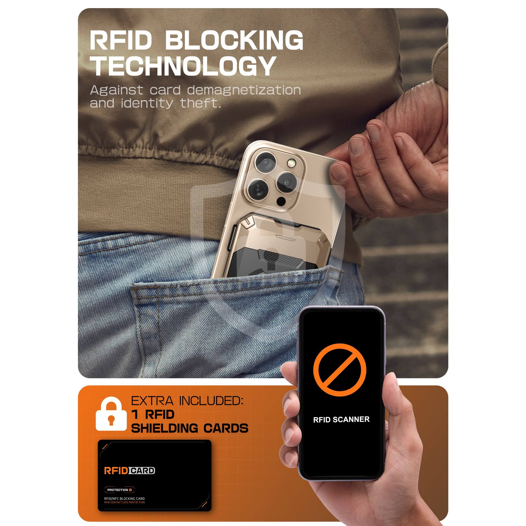 RFID BLOCKING TECHNOLOGY  
Against card demagnetization and identity theft.

EXTRA INCLUDED:  
1 RFID SHIELDING CARDS

RFID SCANNER