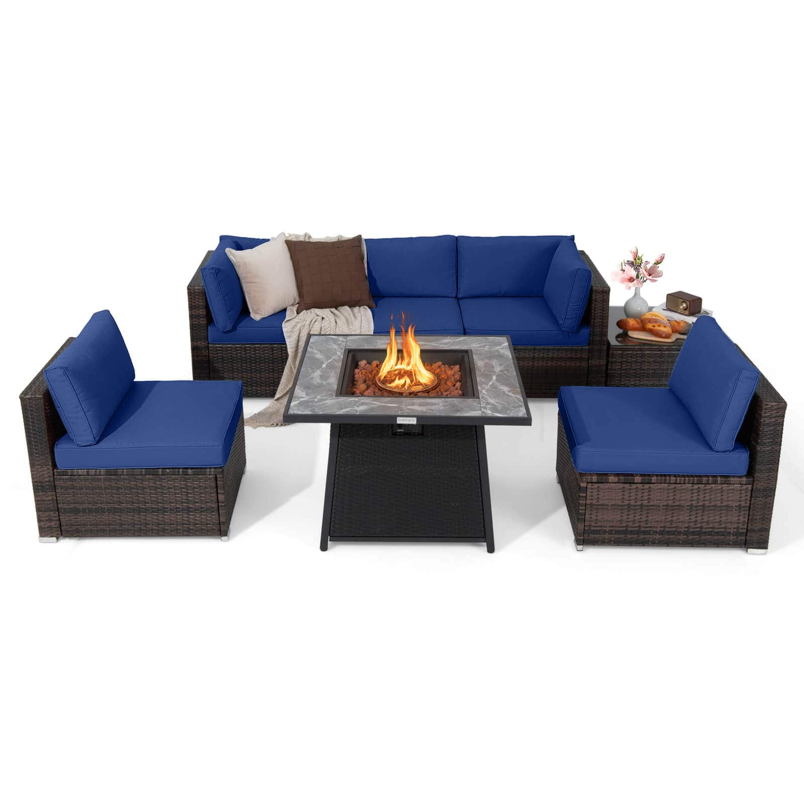 Gymax - Set of 7 Patio Furniture Set w/ 35'' Propane Gas Fire Pit Table & Waterproof Cover Navy - Navy, Black