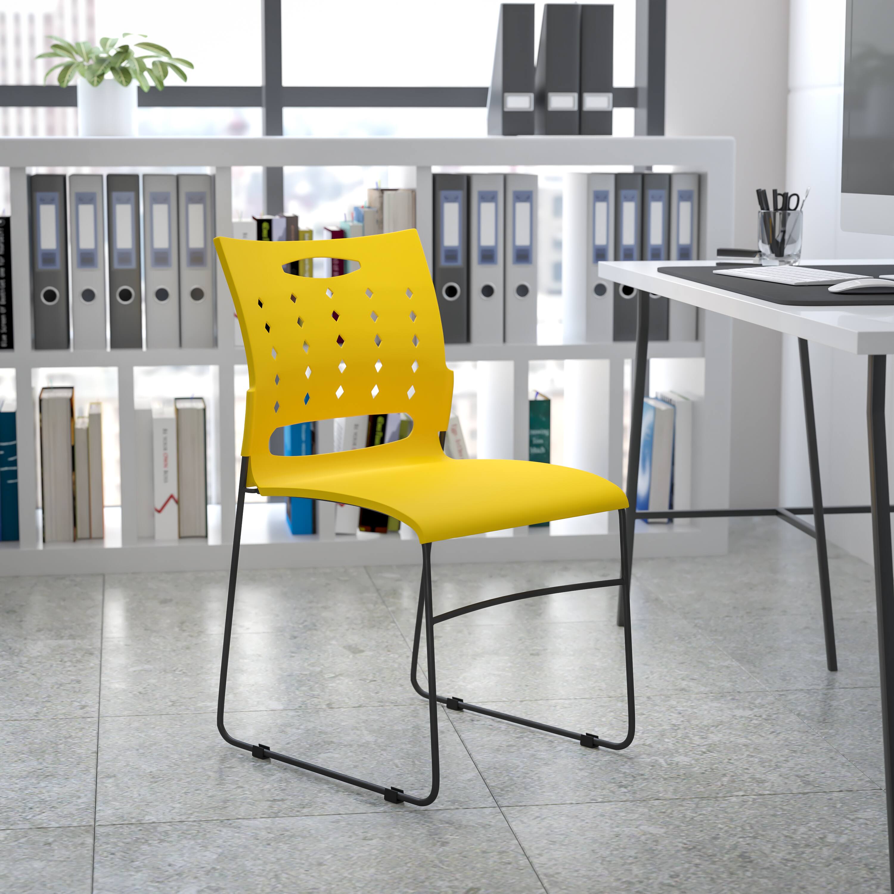 Alt View 1. Emma + Oliver - Home Office Plastic Accent Sled Base Stack Chair - Air-Vent Back - Yellow.