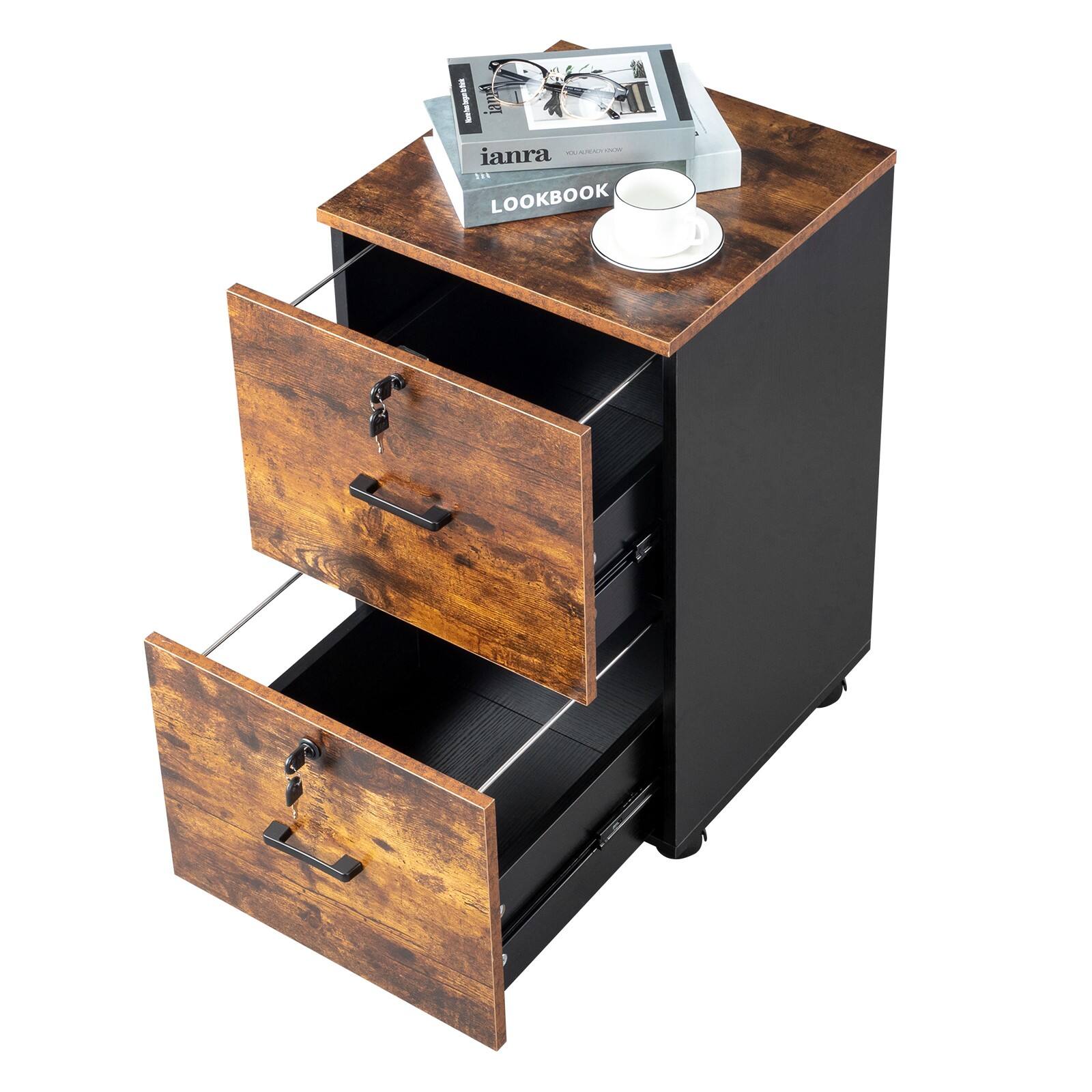 Alt View 1. Winado - 2-Drawer Small Rolling File Cabinet with Lock fits Letter/Legal/A4 Size Office - Rustic Brown & Black.
