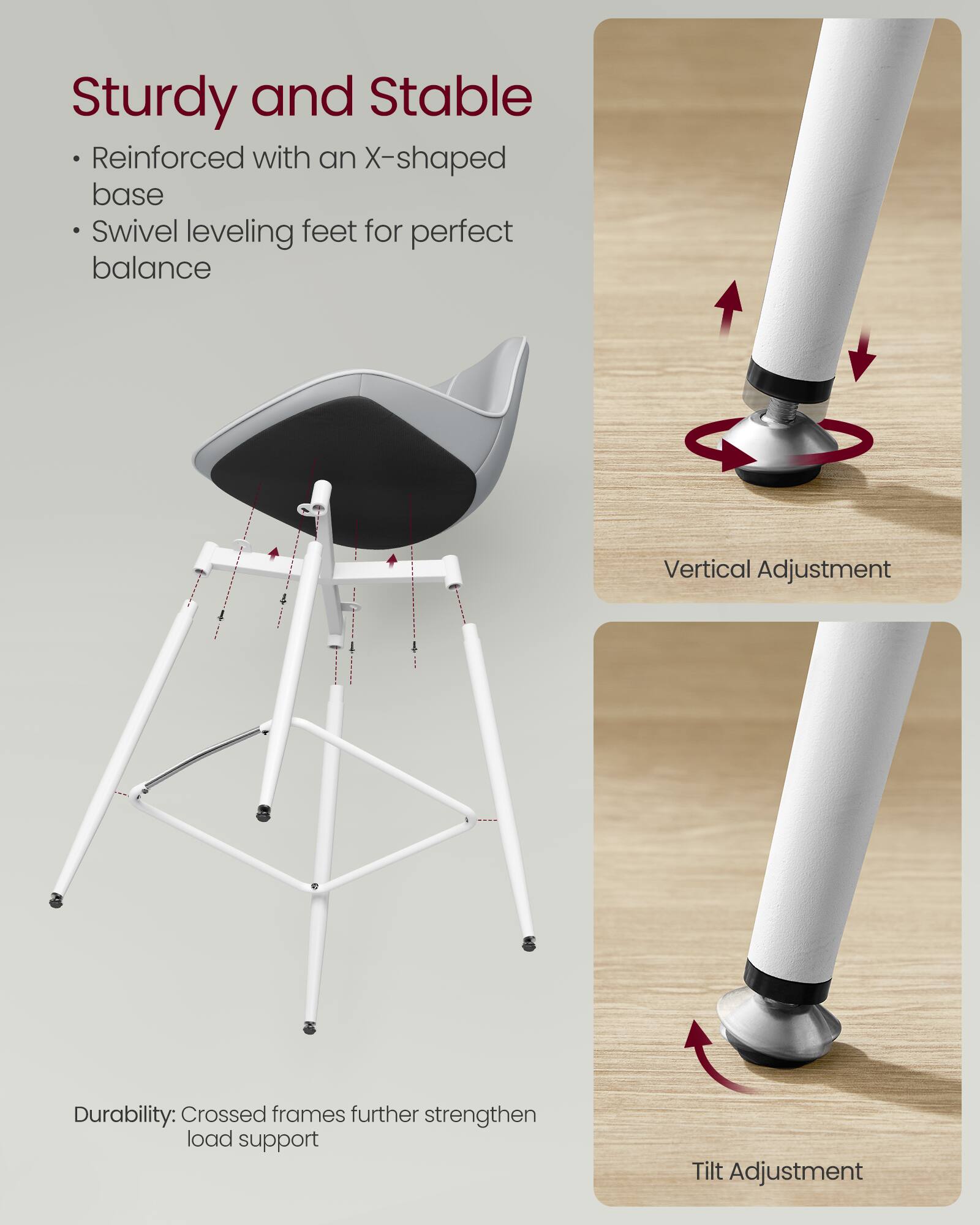 Sturdy and Stable  
- Reinforced with an X-shaped base  
- Swivel leveling feet for perfect balance  

Vertical Adjustment  

Durability: Crossed frames further strengthen load support  

Tilt Adjustment
