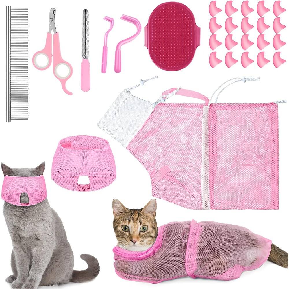 Front. THIRSTY TURTLE - 9-Piece Cat Bathing Bag and Grooming Kit – Anti-Bite and Scratch Cat Shower Bag with Brush, Comb, Muzzle, Nail Tools.