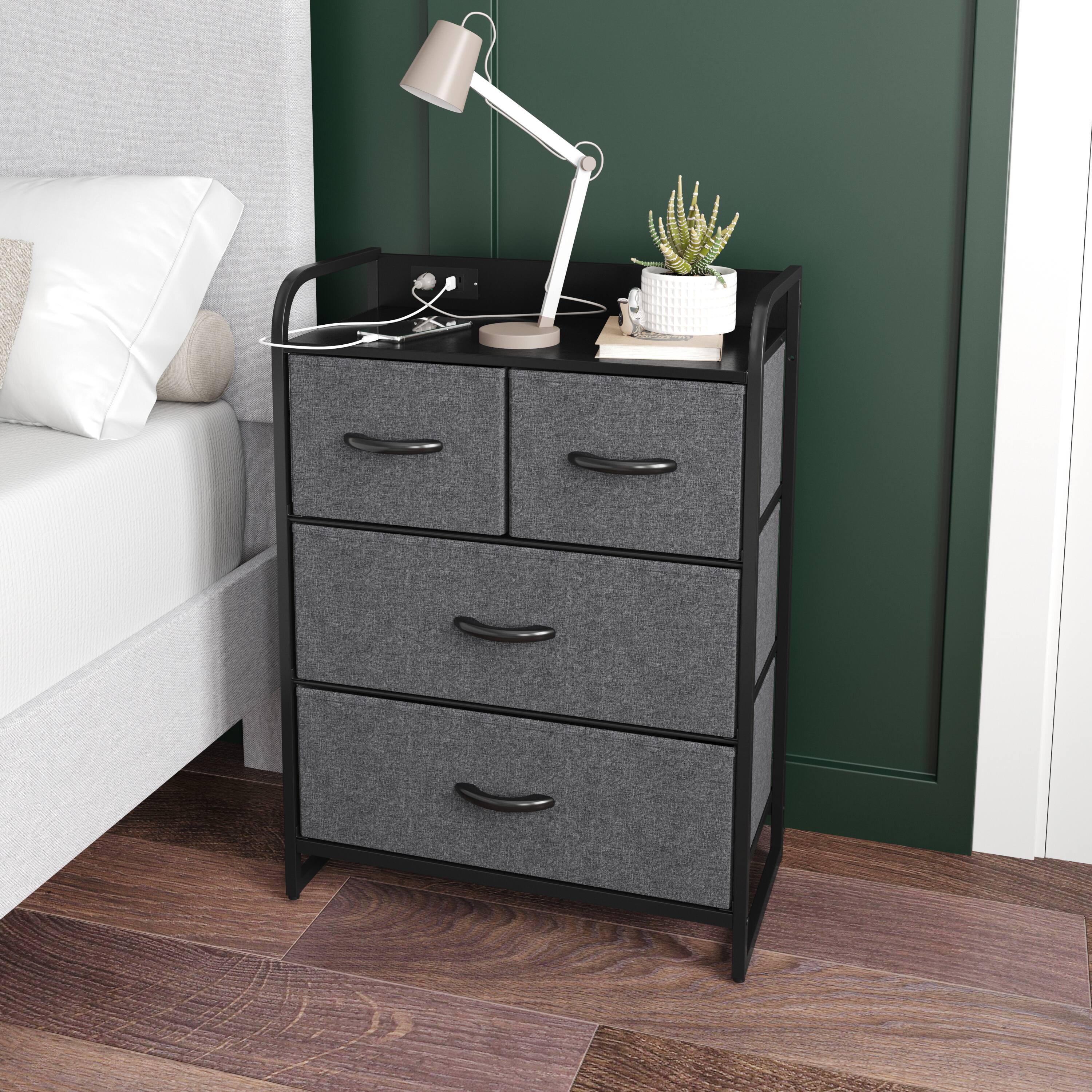 Alt View 1. Emma + Oliver - Charging Nightstand with 4 Fabric Drawers, 2 USB Ports, 1 Outlet - Charcoal Drawers/Black Frame.