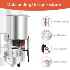 Outstanding Design Feature
- Ultra-large Capacity
- Easy Oil Drainage
- Electronic Ignition
- Silicone Anti Scald