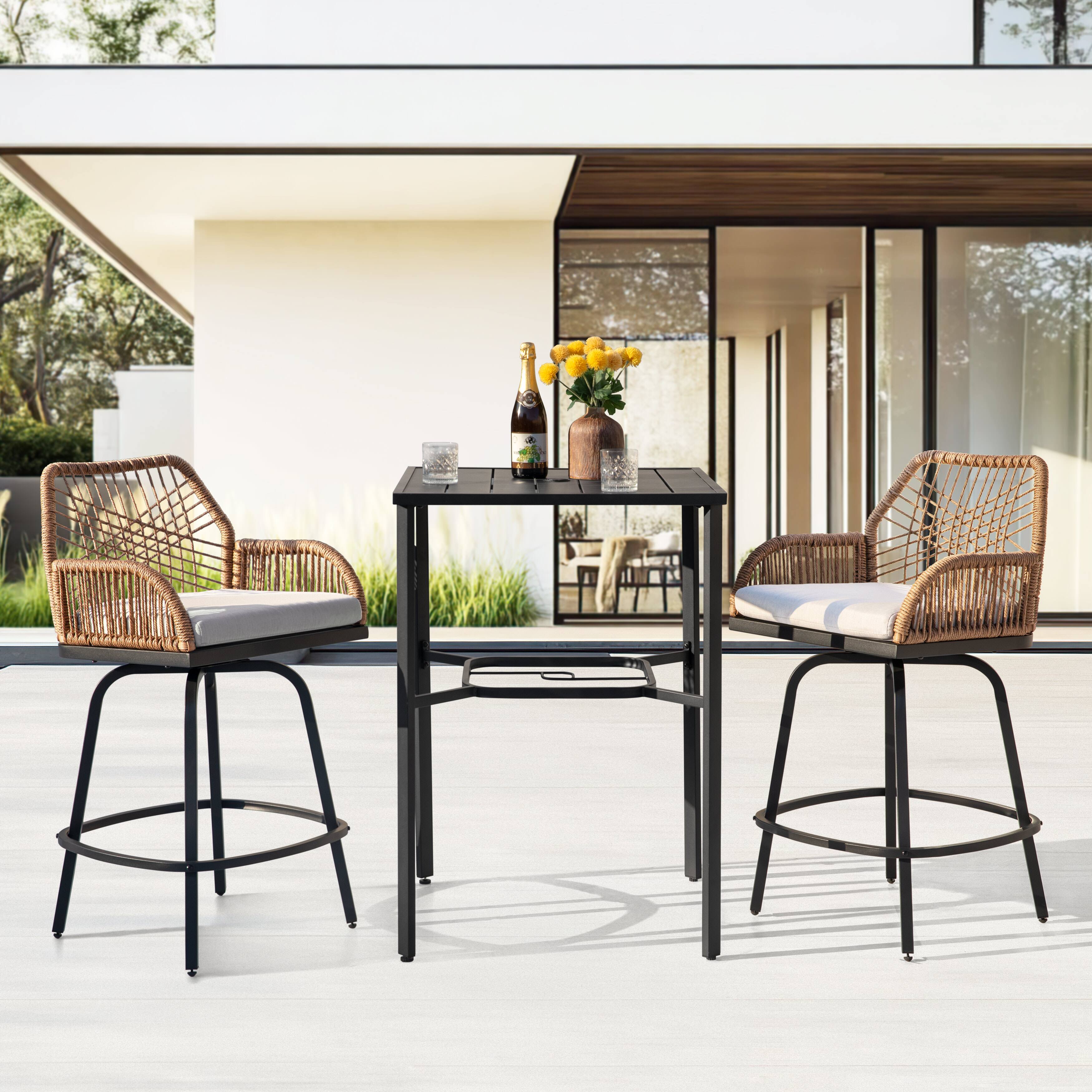 Angle. Nuu Garden - Swivel Patio Bar Set with Cushions, Handwoven Twisted Rattan Design - 3pc Metal Top.