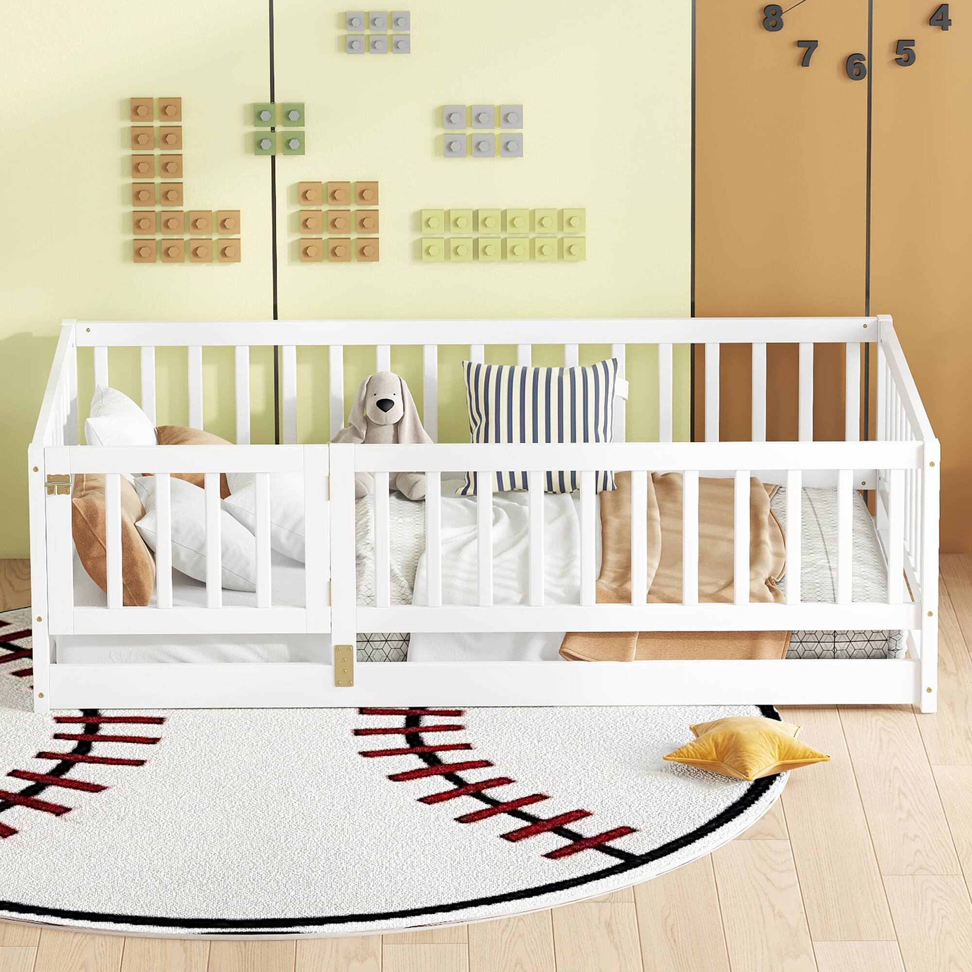 Angle. GOODSILO - Twin Size Montessori Floor Bed with Fence and Door, Wood Bed Frame for Kids, Boys & Girls - White.