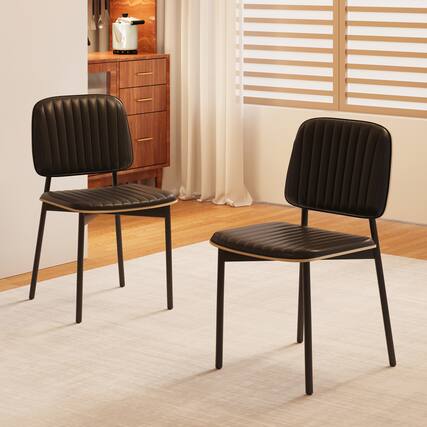 Front. luck idea - Mid-century Modern Dining Chair, Upholstered Leather Seat Back, Stylish Side Chair For Kitchen Dining Room Living Room - Black.