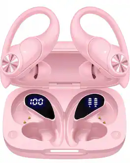 VEAT00L - VEATOOL V6 Wireless Sport Earbuds: Bluetooth, 88H Playback, Earhook, Digital Display Charging Case - Rose Gold