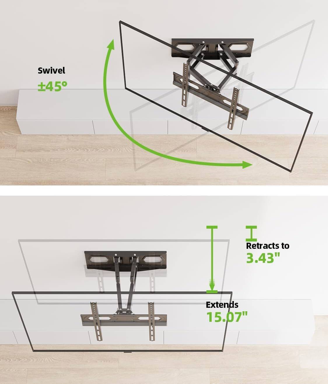 Swivel ±45°  
Retracts to 3.43"  
Extends 15.07"