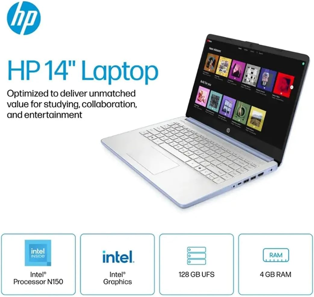 HP 14" Laptop  
Optimized to deliver unmatched value for studying, collaboration, and entertainment  

Intel® Processor N150  
Intel® Graphics  
128 GB UFS  
4 GB RAM