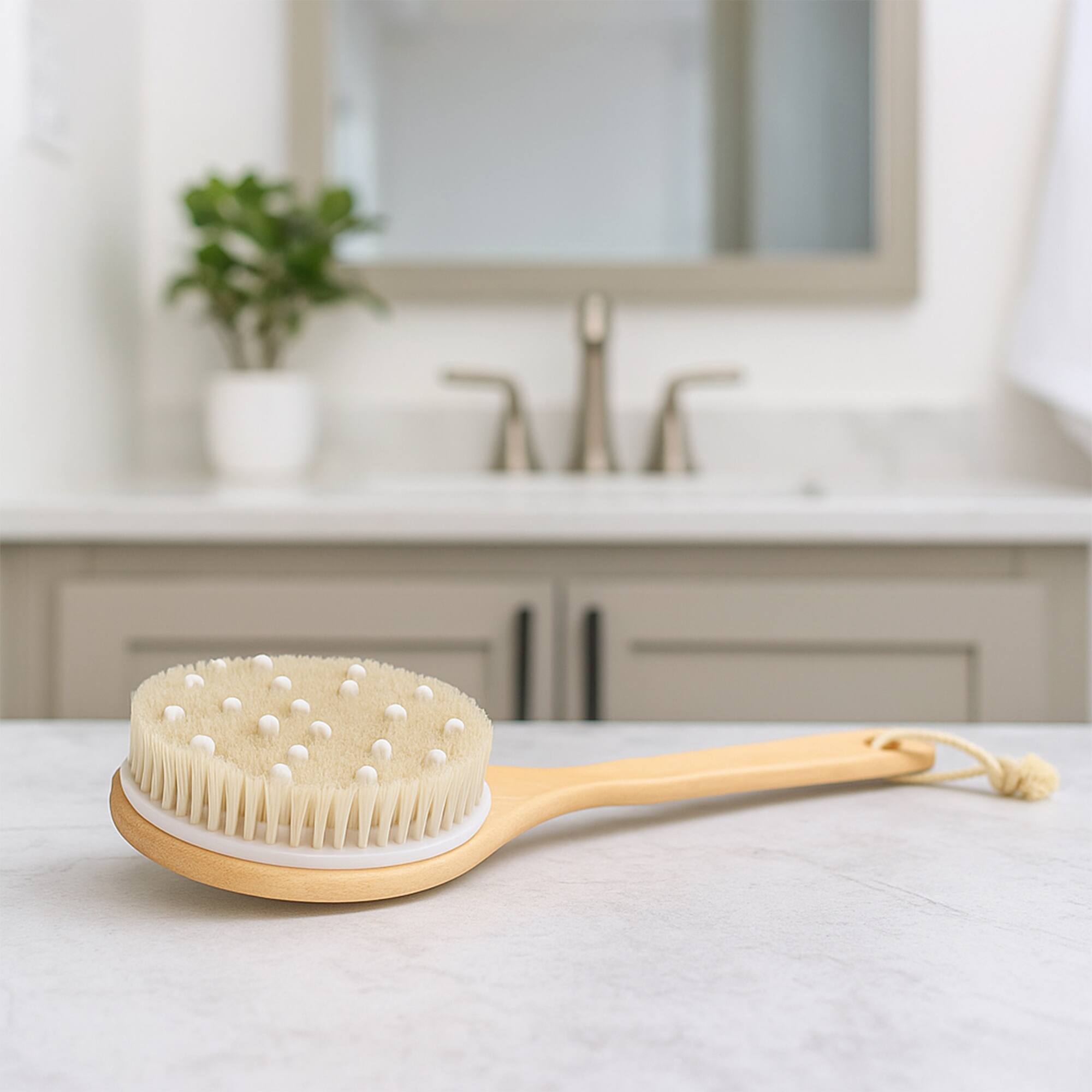 Angle. Pursonic - Boar Bristle & Rubber Massager with Lotus Wooden Handle - Beige.