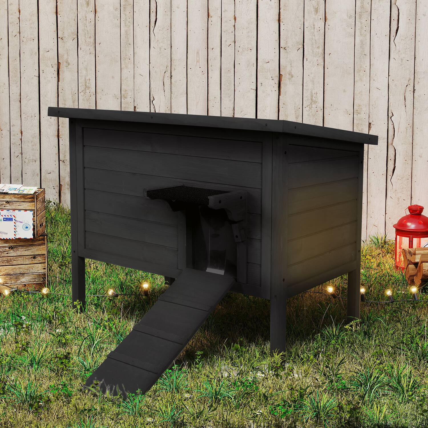 Alt View 3. FODINGHILL - Insulated Outdoor Cat House for Multiple Pets, Weatherproof Wood Shelter with Foldable Ladder & Acrylic Window, Black.