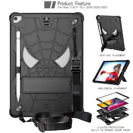 UUCOVER - Kids Case for iPad 9th 8th 7th Gen 10.2-inch (2021/2020/2019) Shockproof Silicone+PC Stand Cover with Shoulder Strap - Black