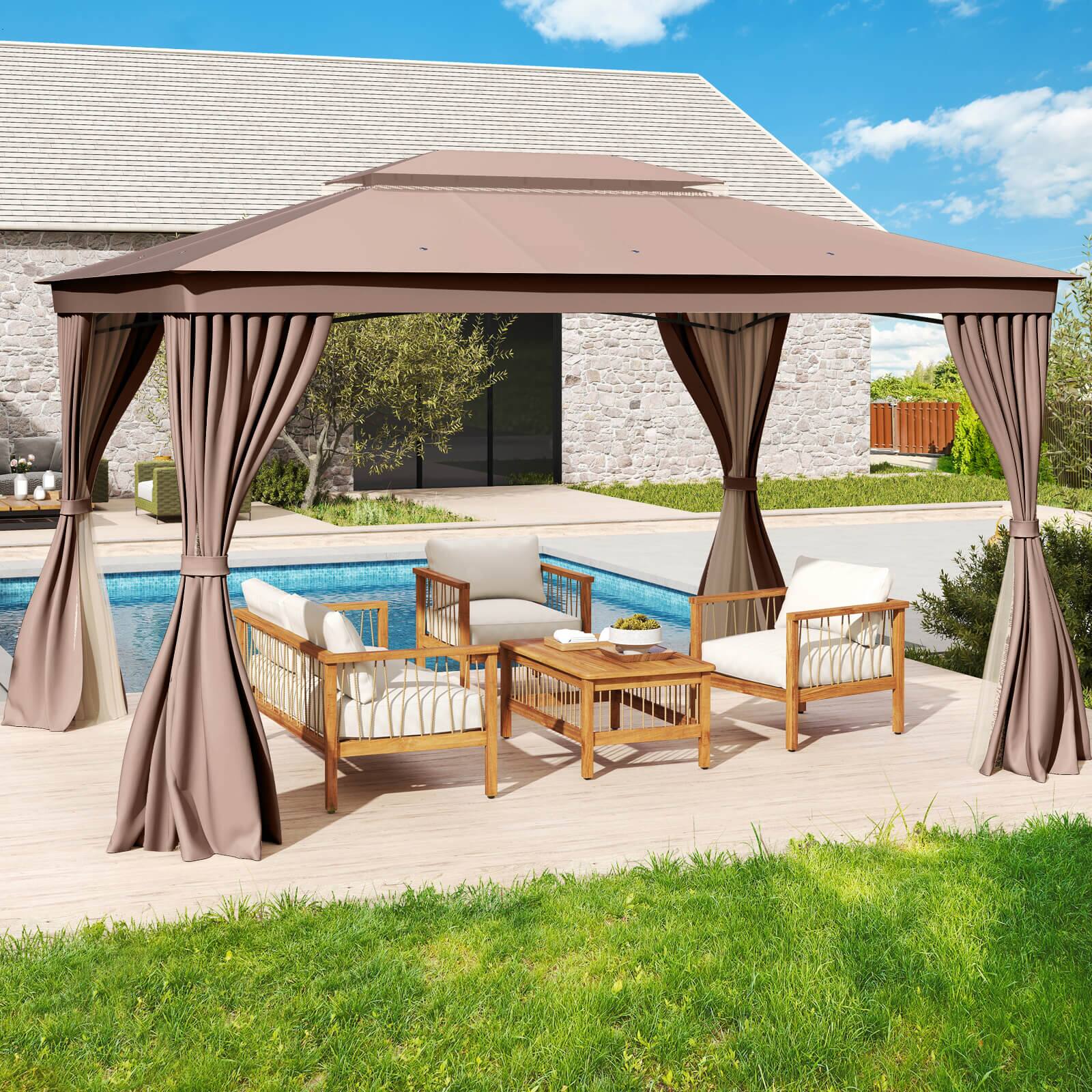 Alt View 1. Costway - Costway 10 X 13 FT Patio Gazebo, Outdoor Double-Roof Canopy Tent with Mesh Netting - Coffee.