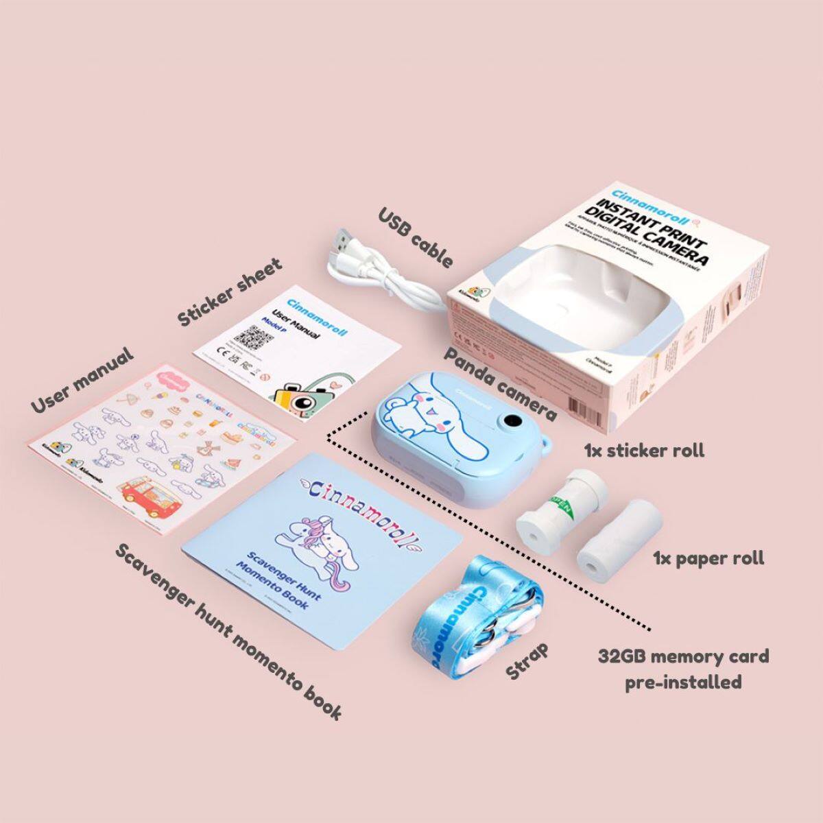 The image features a collection of items, including a camera, a memory card, a sticker roll, and a scavenger hunt book. The camera is accompanied by a USB cable and a manual, while the memory card is pre-installed. The sticker roll is also present, and the scavenger hunt book is placed next to the other items. The items are arranged in a way that showcases their features and functions.