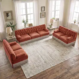 Anysun - Chesterfield Upholstered 3‑Piece Sofa Set, 2Pcs 2-Seater & 1Pc 3-Seater Button-Tufted Velvet Couch with Tassel Skirt - Red+Brown