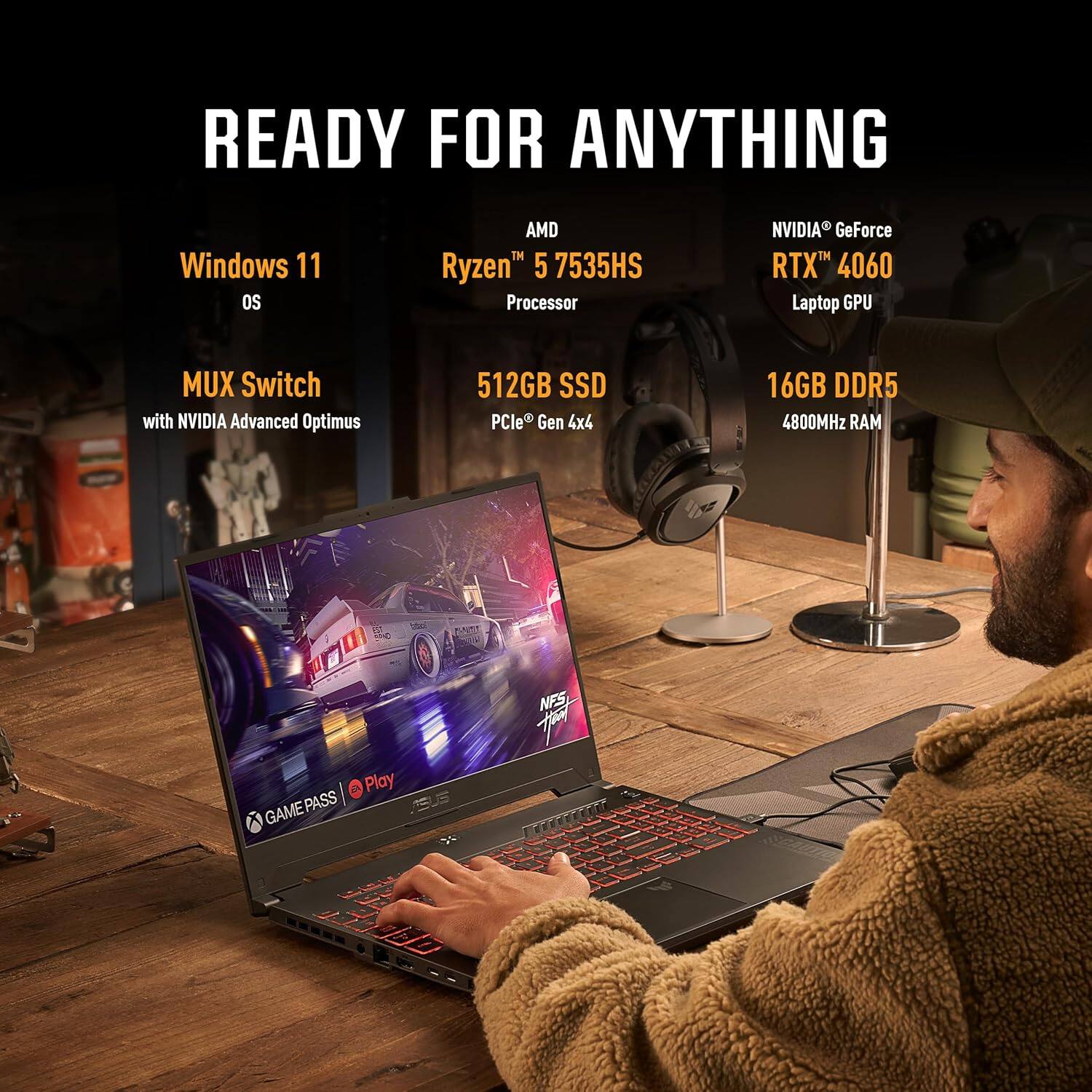 READY FOR ANYTHING

- Windows 11 OS
- Ryzen™ 5 7535HS Processor
- NVIDIA GeForce RTX™ 4060 Laptop GPU
- 512GB SSD PCIe® Gen 4x4
- 16GB DDR5 4800MHz RAM
- MUX Switch with NVIDIA Advanced Optimus
- GAME PASS | Play