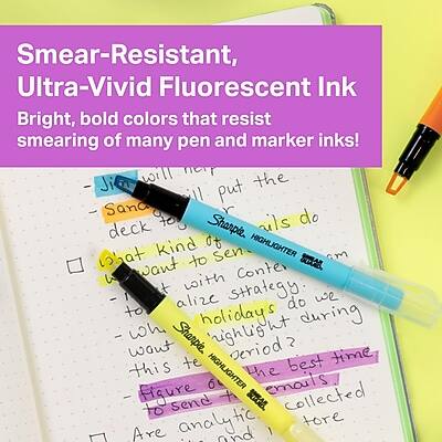 Smear-Resistant, Ultra-Vivid Fluorescent Ink  
Bright, bold colors that resist smearing of many pen and marker inks!

- Jim will help put the deck to Sharple.
- Sana do the kind of HIGHLIGHTER that I want to send.
- What kind of HIGHLIGHTER do you want to send with strategy?
- We want to utilize content strategy.
- What holidays do we want to highlight during this period?
- What is the best time to send the HIGHLIGHTER?
- Figure out emails collected to send analytics to store.