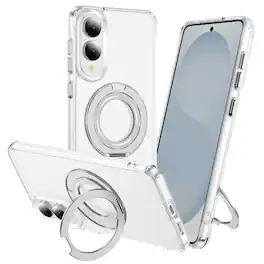 Alpha Digital - Full Protective SAMSUNG Galaxy S25 EDGE Case w/ Magnetic Rotatable Ring Stand- Soft Flex -360 shockproof - Clear