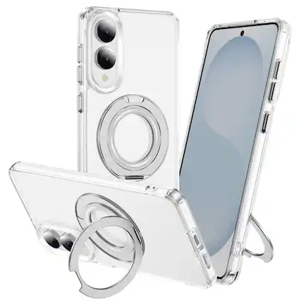 Front. Alpha Digital - Full Protective SAMSUNG Galaxy S25 EDGE Case w/ Magnetic Rotatable Ring Stand- Soft Flex -360 shockproof - CLEAR.