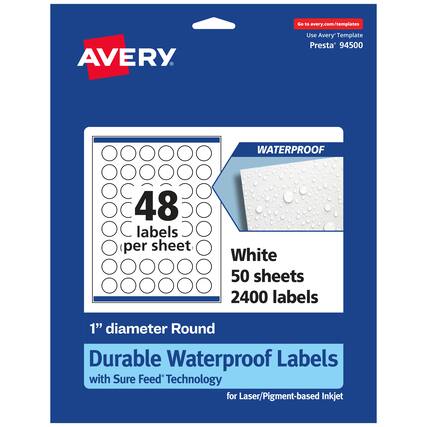 Go to avery.com/templates
AVERY
Use Avery Template Presta 94500
WATERPROOF
48 labels per sheet
White 50 sheets 2400 labels
1" diameter Round
Durable Waterproof Labels
with Sure Feed Technology
for Laser/Pigment-based Inkjet