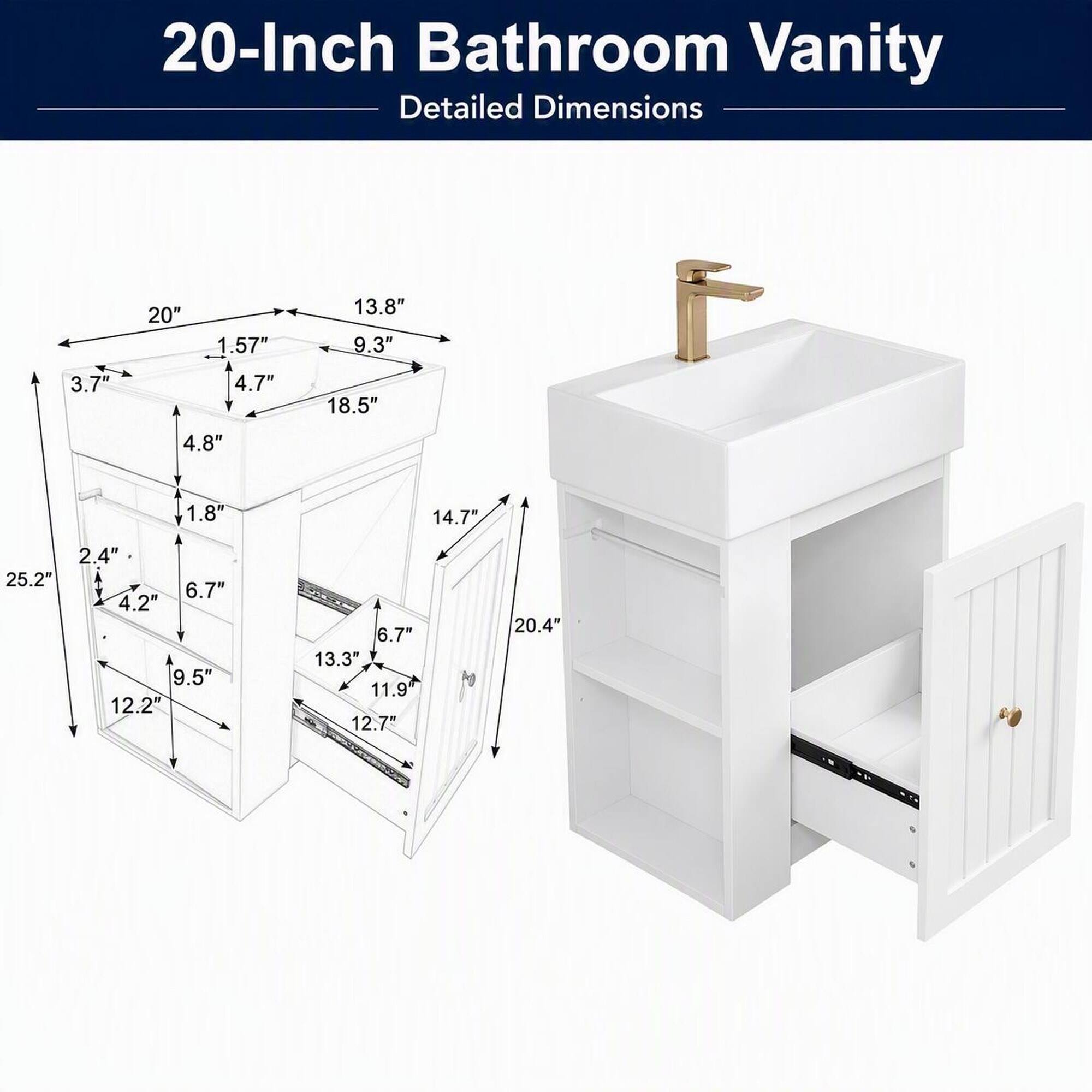 RYHNUYNE 20 Inch Bathroom Vanity with Ceramic Sink, Drawer and Side ...