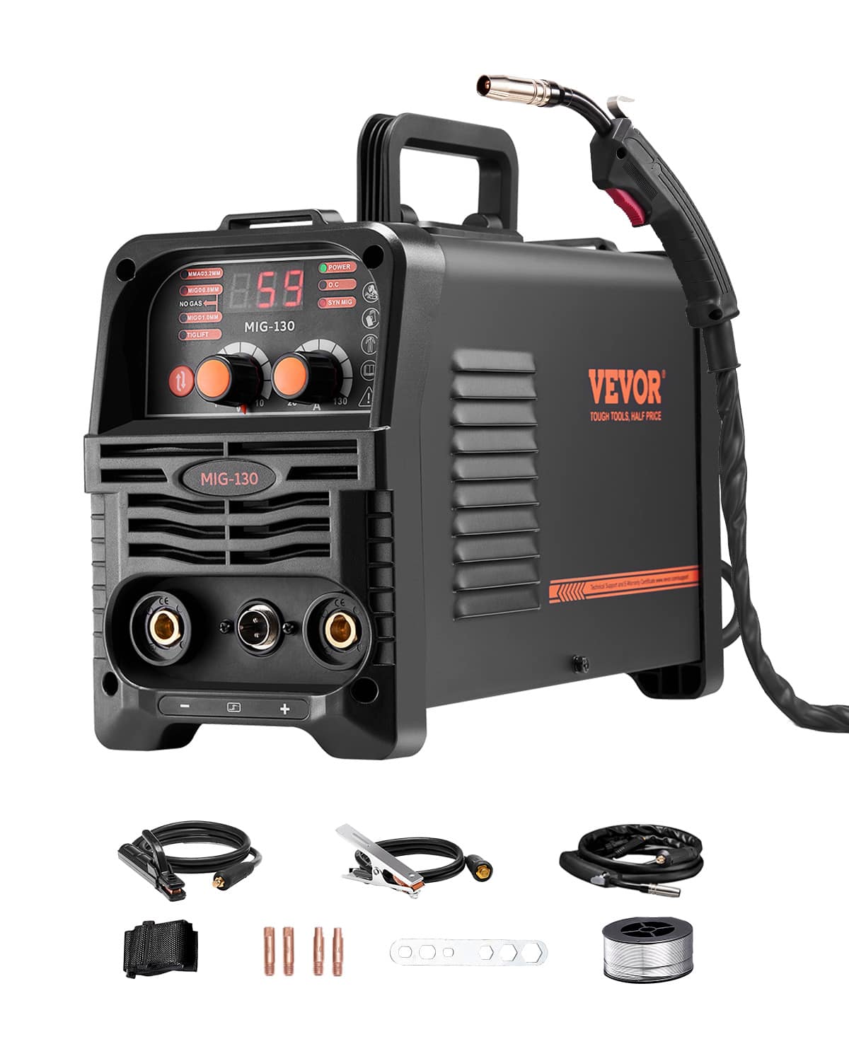 VEVOR - MIG Welder, 130Amp Synergic Mig Welding Machine, 3-in-1 Flux Core MIG/Stick/Lift TIG Multi-Process Welder Machine - Black + Orange