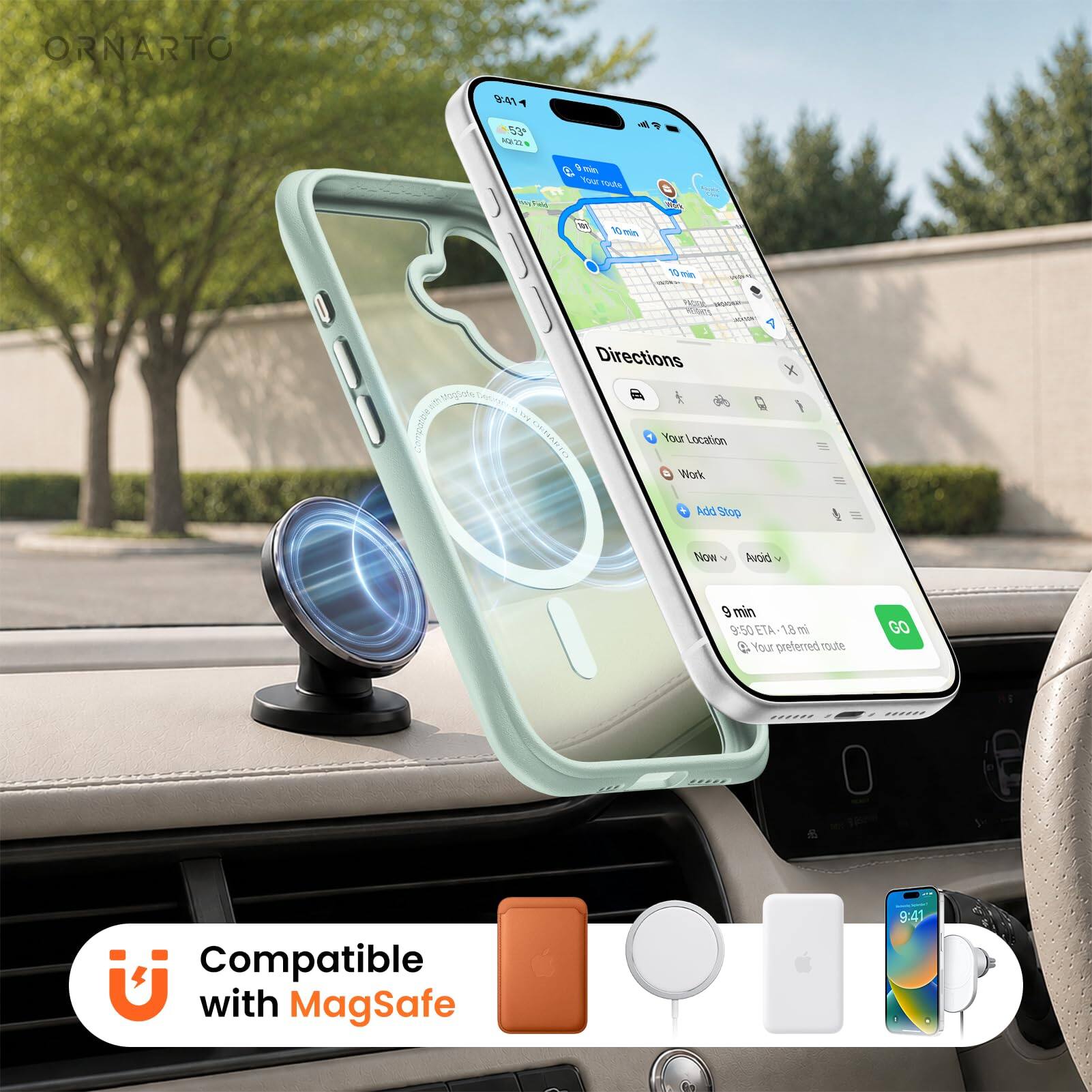 ORNARTO 94 53 MAVE

- tuw tuda W T g 10 - 1 - WAR A

Directions

X

Your Location Work Rdd Stop Nos Auoid 9 min 9:50 ETA 18 m e

Your preferred route

GO

Compatible with MagSafe

9:41