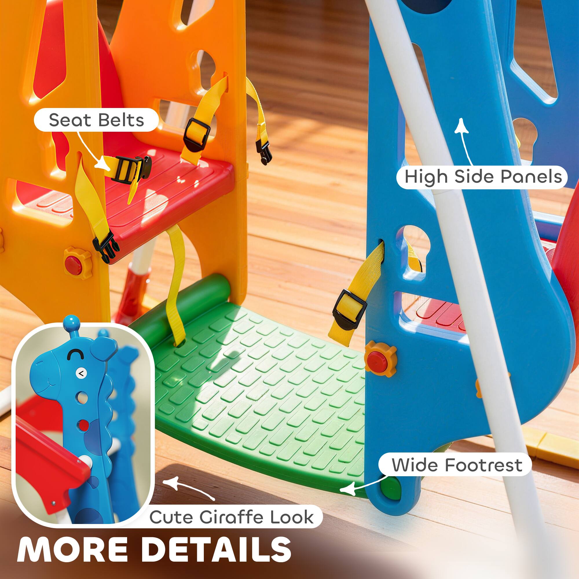 - Seat Belts
- High Side Panels
- Wide Footrest
- Cute Giraffe Look
- MORE DETAILS