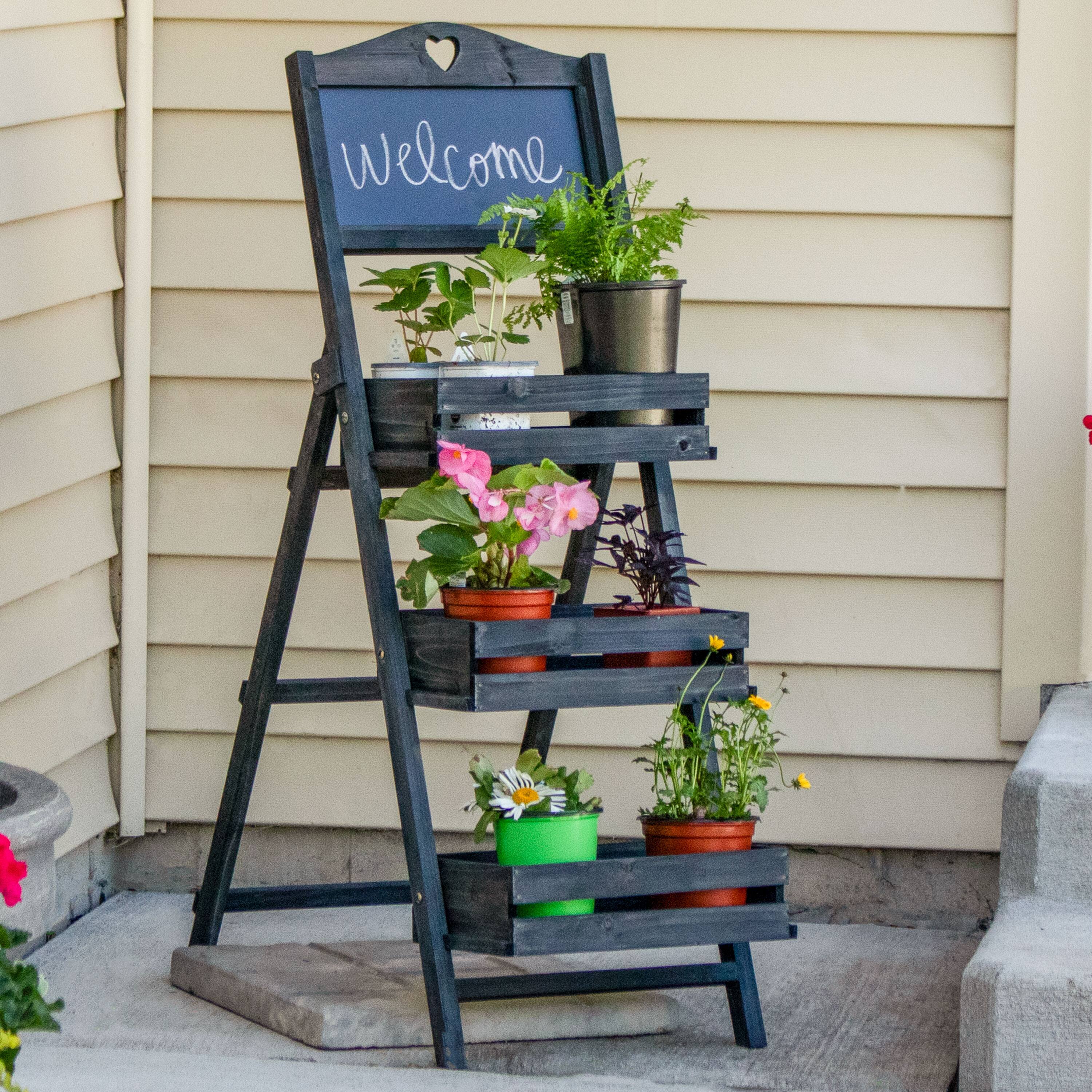 Alt View 1. Sunnydaze - Country Heart Ladder Plant Stand with Chalkboard - Black.
