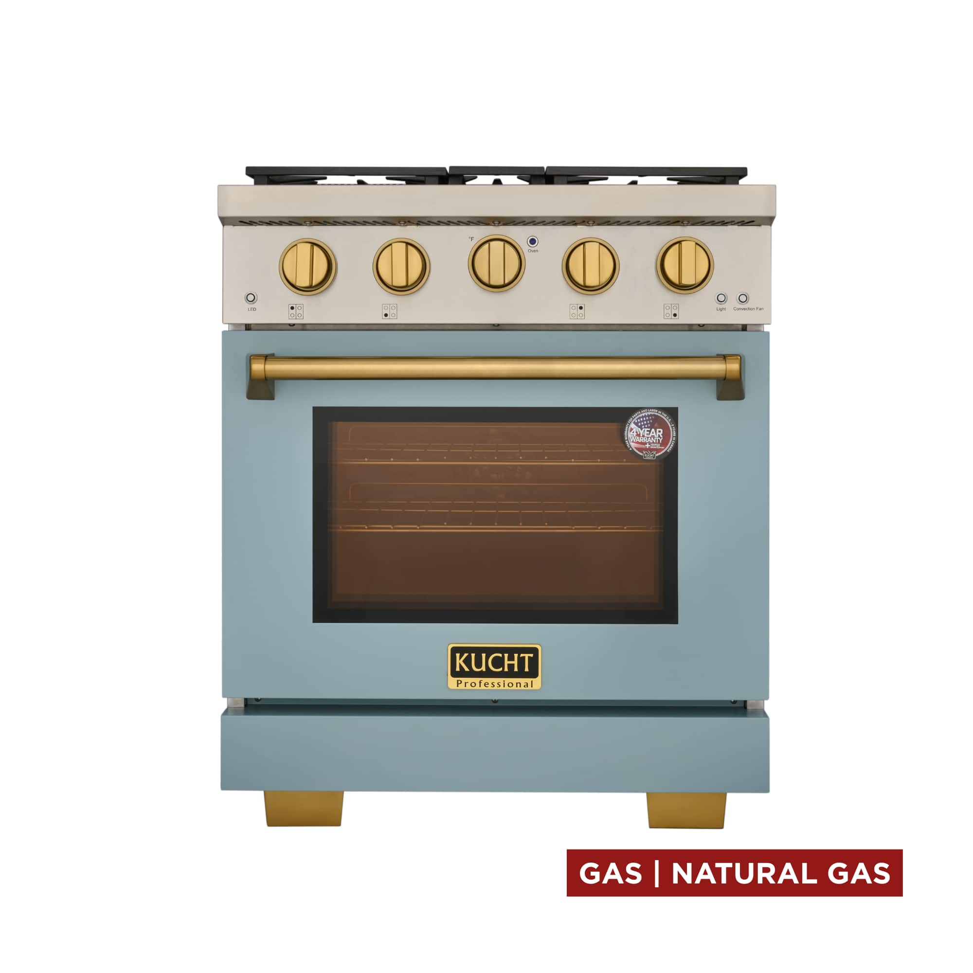Kucht - 30 in. 4.2 cu. ft. Natural Gas Range and Convection Oven in Light Blue with gold knobs and True Simmer Burners - Light Blue