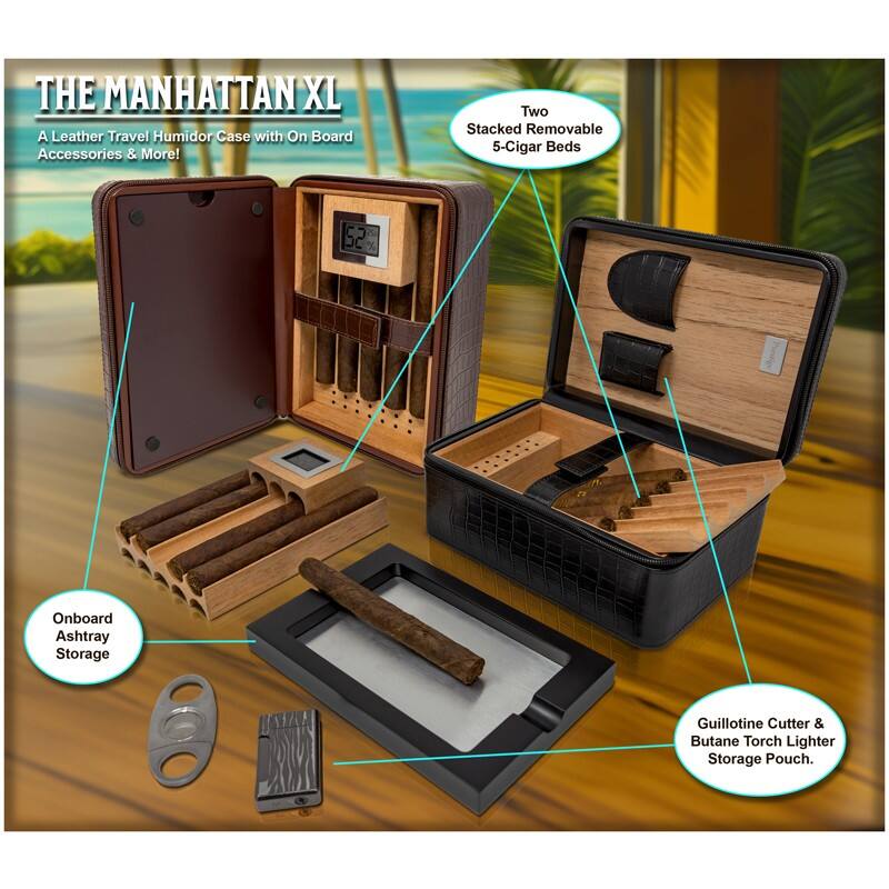 THE MANHATTAN XL  
A Leather Travel Humidor Case with On Board Accessories & More!  
Two Stacked Removable 5-Cigar Beds  
52 Onboard Ashtray Storage  
Guillotine Cutter & Butane Torch Lighter Storage Pouch.