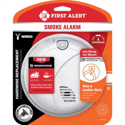 FIRST ALERT SMOKE ALARM WIRED ROTATE 00069979
ROWER SUPERIOR
REMOVE WITHOUT
Early Warning Less Nuisance
PRECISION DETECTION NEW Adencad Serving Technology REPLACEMENT PRECISION DETECTION
"Early Warning Less Nuisance
HARDWIRE CAUTIONAA Reduces and delivers cooking advanced nuisance protection alarms Voice Location & Alerts p
MEETS SEW INDUSTRY STANDARDS
TURN OFF.POWER BAC EASY ON
MOYEAR INCLUDES ADAPTERS BEFORE MARKINGS LIMITED 10 REMOVING ALARM ADDITIONAL WARRANT NO REWIRE NEEDED
1046719