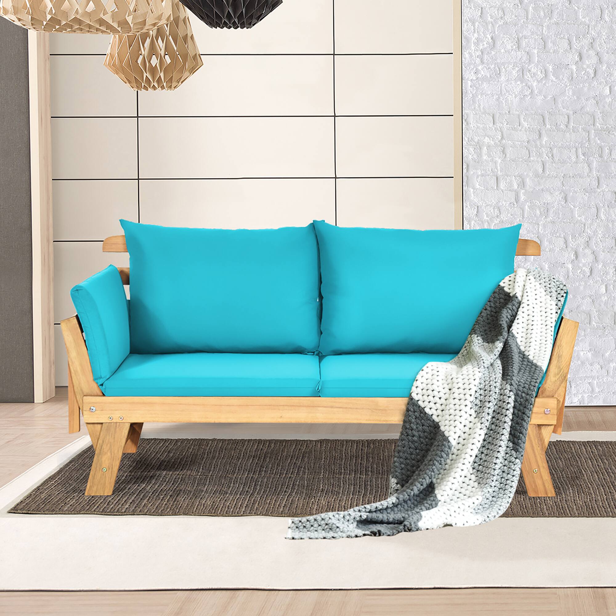 Alt View 3. Costway - Costway Patio Convertible Sofa Daybed Solid Wood Adjustable Thick Cushion - Turquoise.